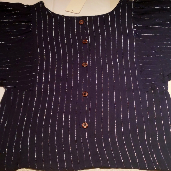 Sienna Sky NEW Blouse Top Back Buttons Metallic Lurex Stripe Dark NAVY Women's - Picture 8 of 16